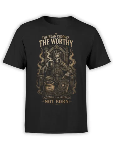 Black coffee T-shirt with crowned skull on throne, steaming mug, coffee beans, and vintage motivational lettering