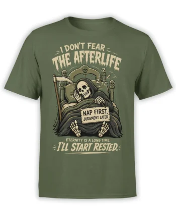 Sleepy grim reaper skeleton in bed with a scythe and nap-themed text on an olive green T-shirt