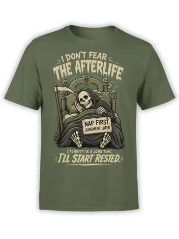 Sleepy grim reaper skeleton in bed with a scythe and nap-themed text on an olive green T-shirt
