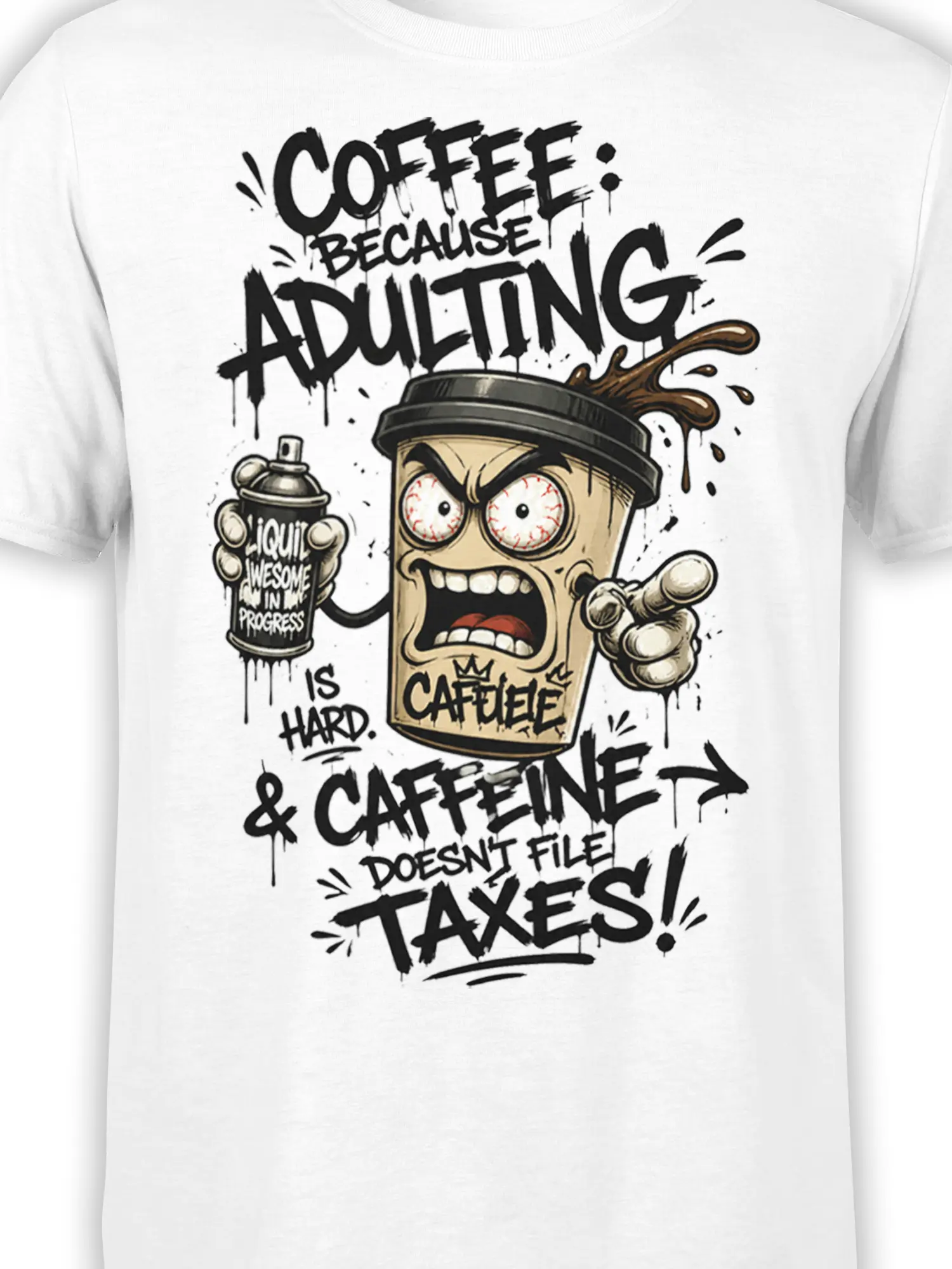 Close-up of expressive coffee cup and bold adulting lettering on a white coffee graphic tee