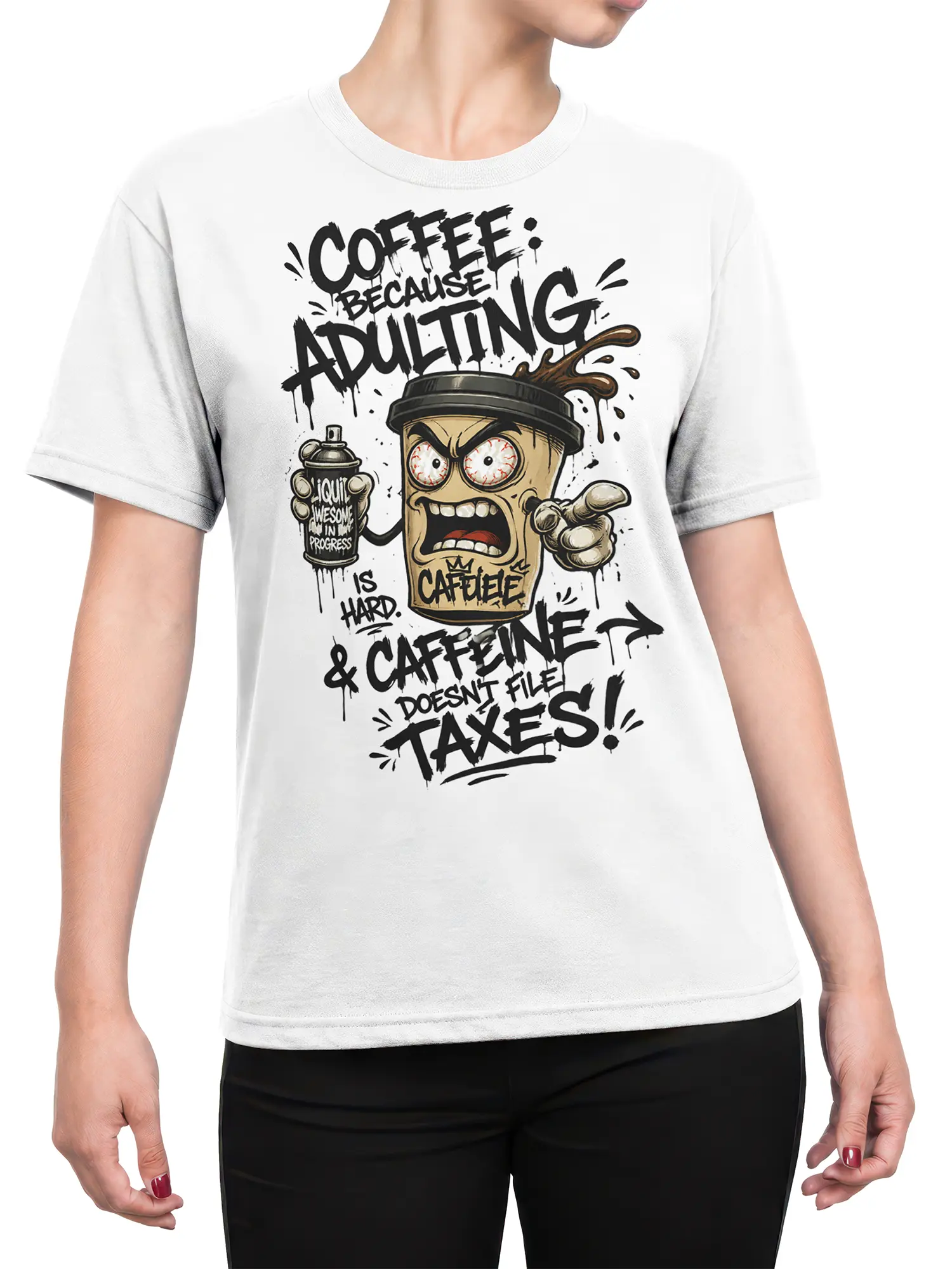 Female torso wearing a white coffee t-shirt with an expressive cup and sarcastic adulting design