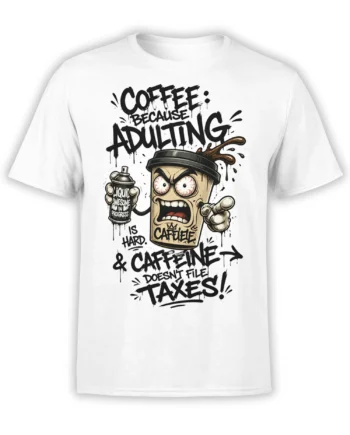 White coffee t-shirt with an expressive cup and bold text about adulting, caffeine, and filing taxes