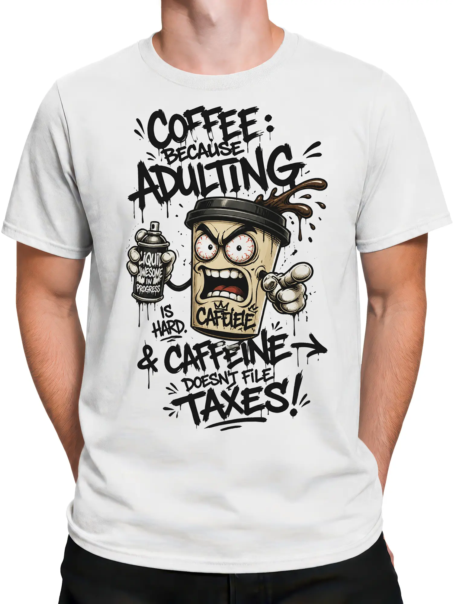 Male torso wearing a white coffee t-shirt with bold caffeine and adulting lettering