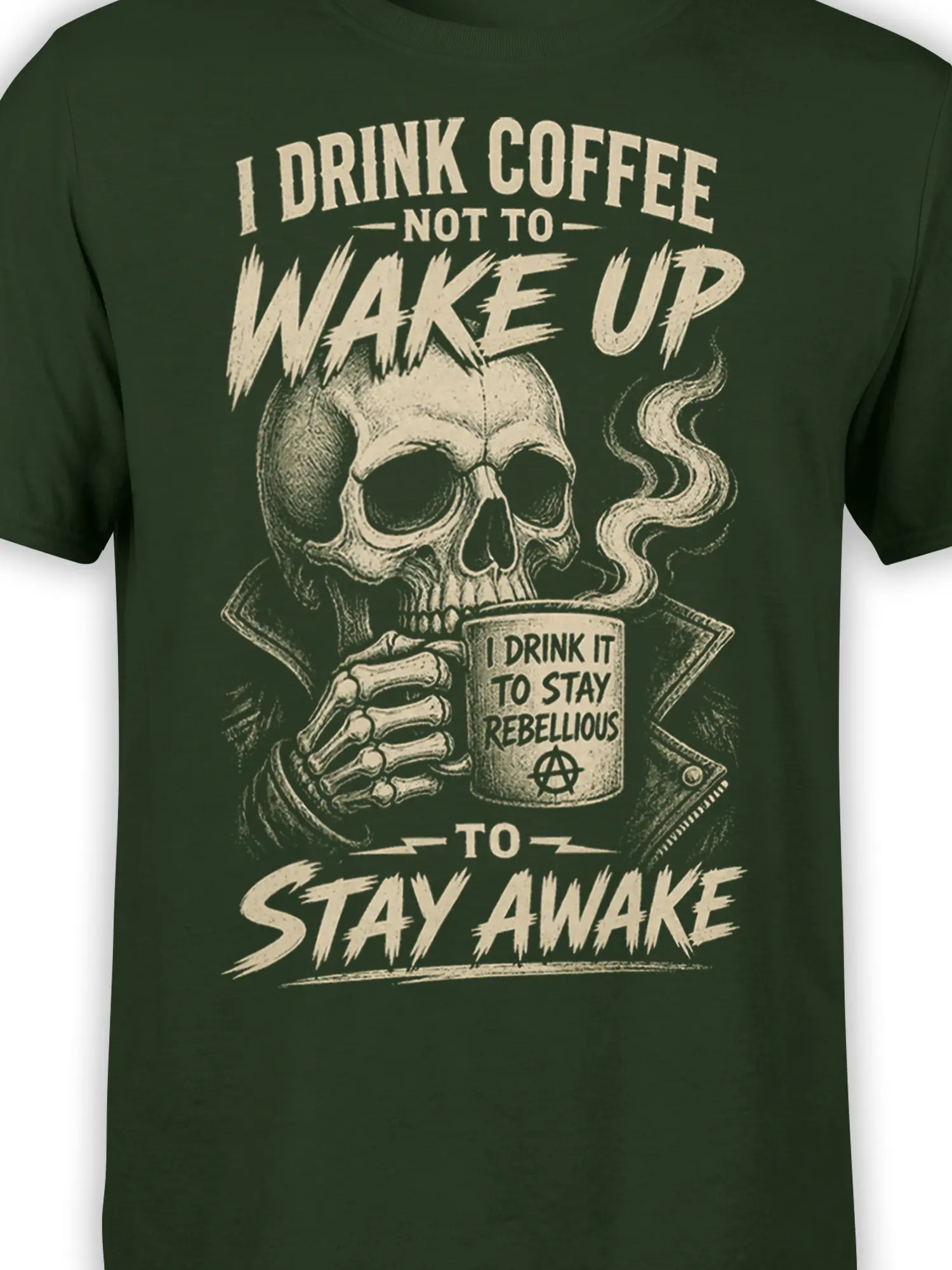 Close-up of skull holding coffee mug with rebellious lettering on a dark green T-shirt