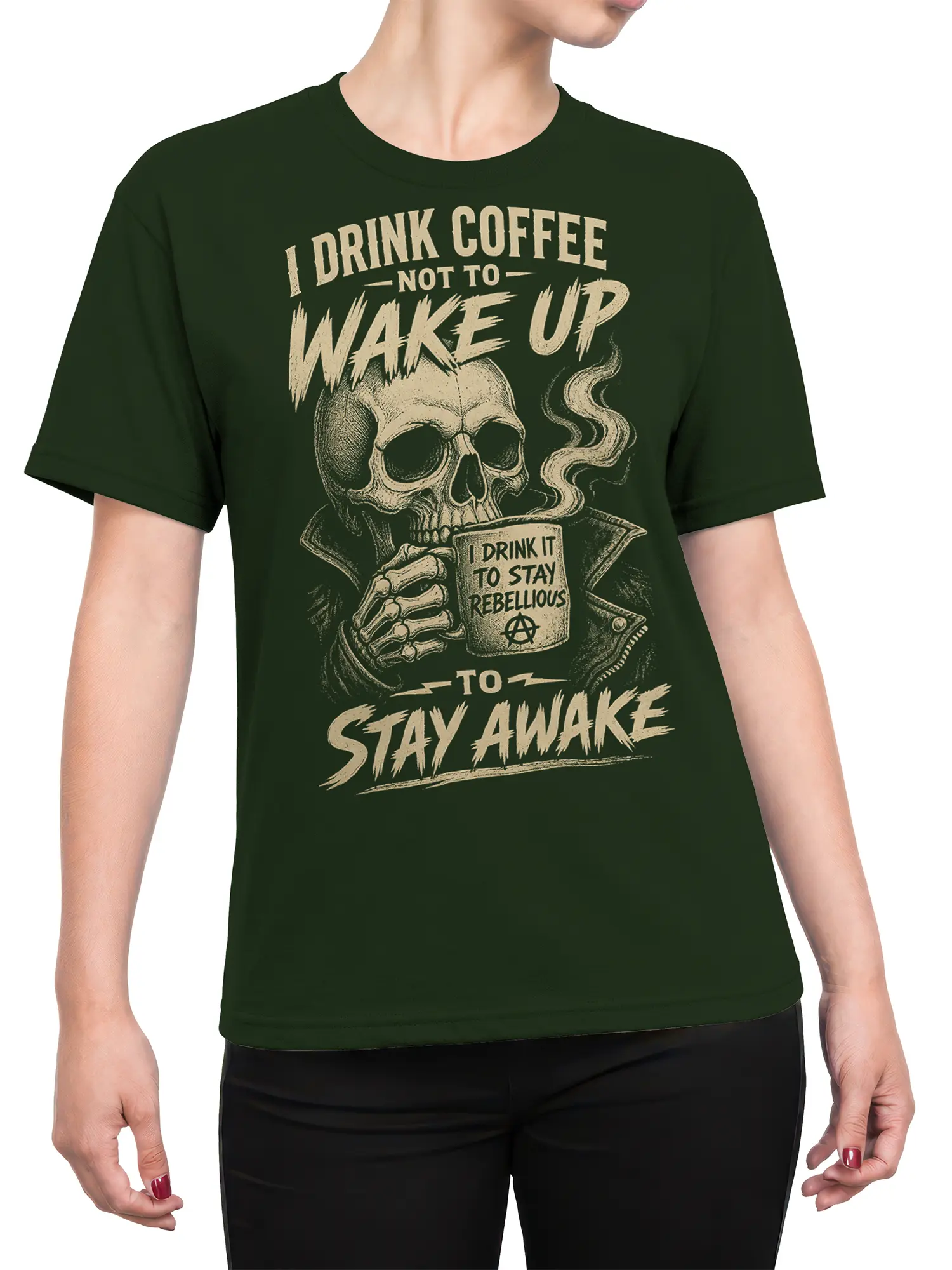 Female torso wearing a dark green skull coffee T-shirt with vintage rebellious lettering