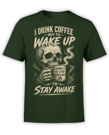 Rebellious skull coffee design with steaming mug and vintage lettering on a dark green T-shirt