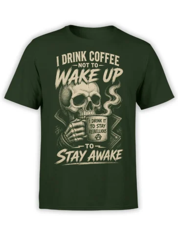 Rebellious skull coffee design with steaming mug and vintage lettering on a dark green T-shirt