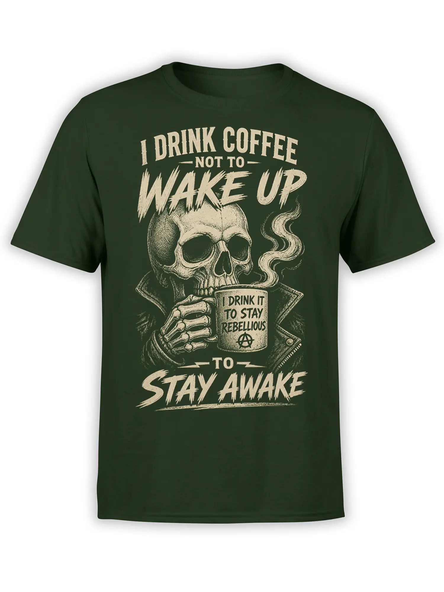 Rebellious skull coffee design with steaming mug and vintage lettering on a dark green T-shirt