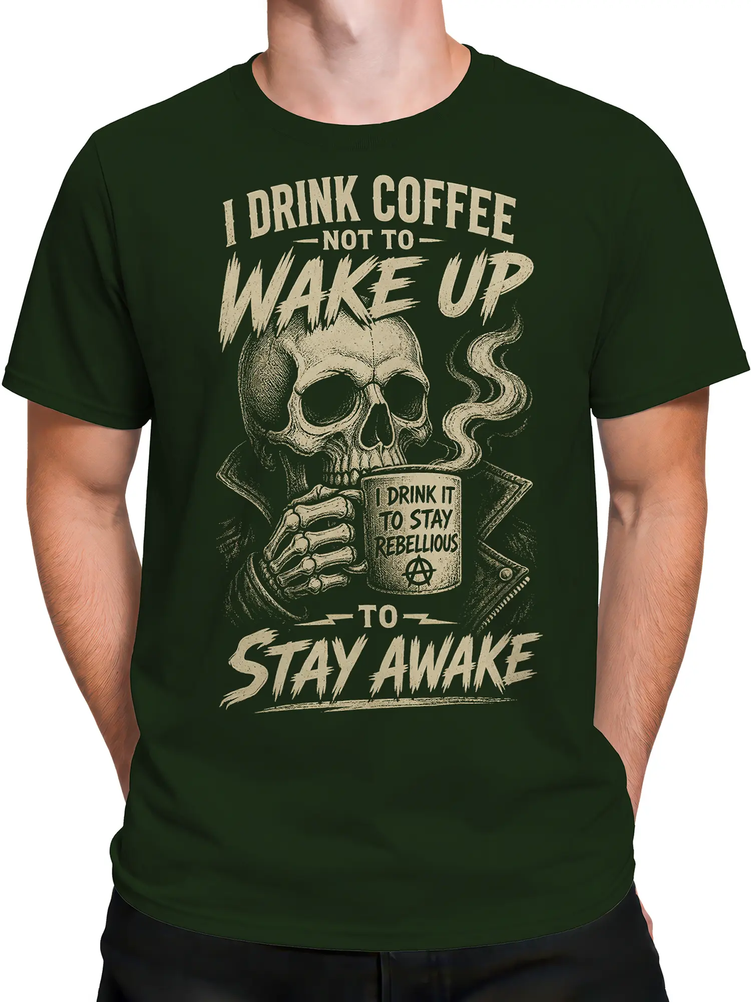 Male torso wearing dark green rebellious skull coffee T-shirt with distressed graphic
