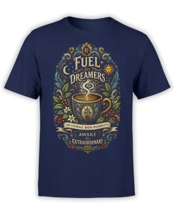 Ornate coffee cup and dreamer lettering on a navy inspirational coffee T-shirt