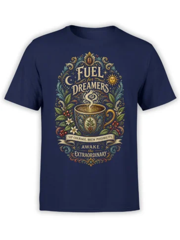 Ornate coffee cup and dreamer lettering on a navy inspirational coffee T-shirt