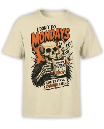 Beige T-shirt with a vintage skeleton drinking decaf coffee and bold orange Monday lettering