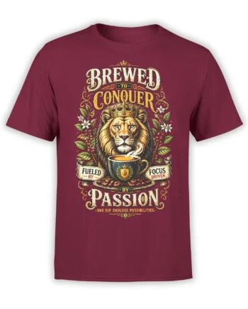 Crowned lion coffee design with steaming cup and vintage lettering on a burgundy T-shirt