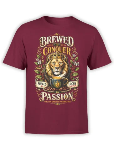 Crowned lion coffee design with steaming cup and vintage lettering on a burgundy T-shirt