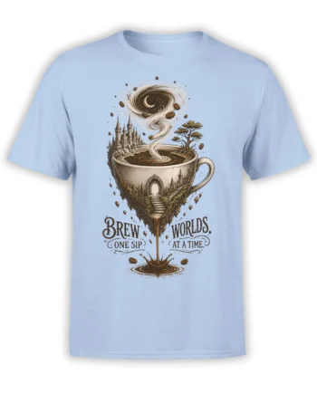 Light blue coffee t-shirt with a fantasy castle cup, crescent moon, coffee beans, and vintage “Brew Worlds” design