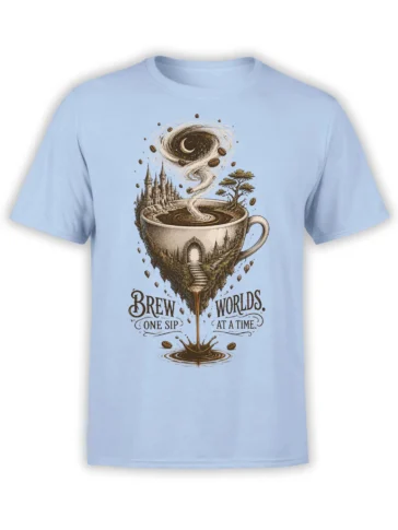Light blue coffee t-shirt with a fantasy castle cup, crescent moon, coffee beans, and vintage “Brew Worlds” design
