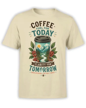 Beige coffee t-shirt with mountain landscape cup, forest, coffee berries, and “Clarity for Tomorrow” lettering