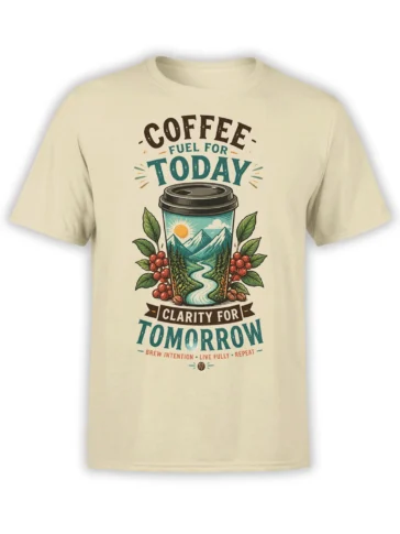 Beige coffee t-shirt with mountain landscape cup, forest, coffee berries, and “Clarity for Tomorrow” lettering