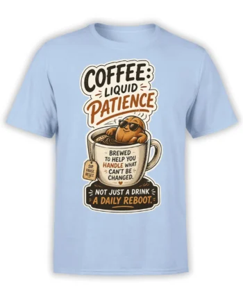 Light blue coffee t-shirt with a sunglasses-wearing coffee bean in a cup and daily reboot lettering