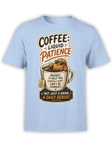 Light blue coffee t-shirt with a sunglasses-wearing coffee bean in a cup and daily reboot lettering