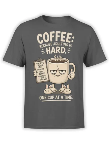 Gray coffee T-shirt with grumpy mug, clipboard checklist, bunny slippers, and adulting humor