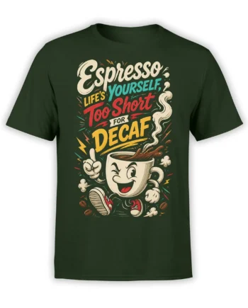 Dark green coffee T-shirt with animated cup, red sneakers, steam, and “Espresso Yourself” lettering