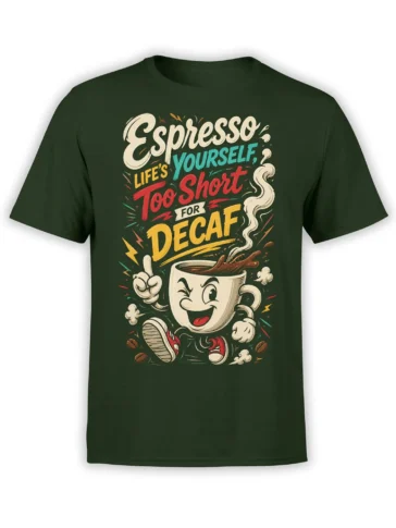 Dark green coffee T-shirt with animated cup, red sneakers, steam, and “Espresso Yourself” lettering