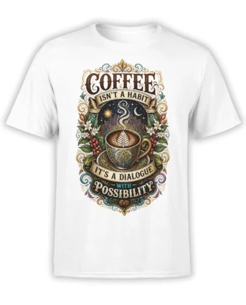 White coffee T-shirt with ornate cup, steaming coffee, flowers, stars, and the message Coffee Isn't a Habit