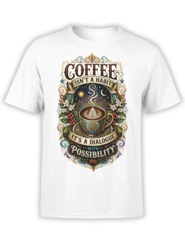 White coffee T-shirt with ornate cup, steaming coffee, flowers, stars, and the message Coffee Isn't a Habit