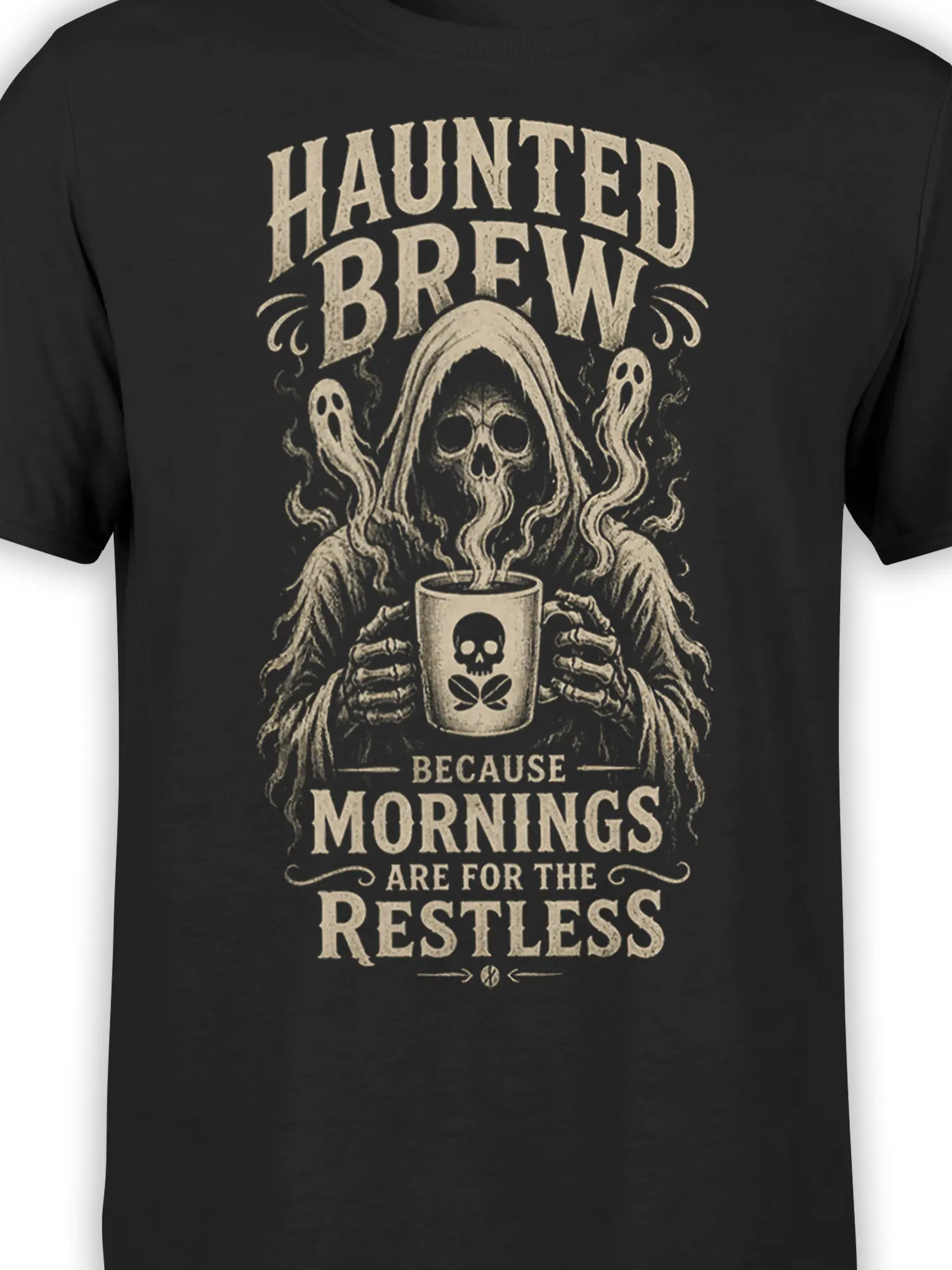 Close-up of haunted brew artwork showing a grim reaper, two ghosts, skull mug, and vintage cream lettering on black fabric