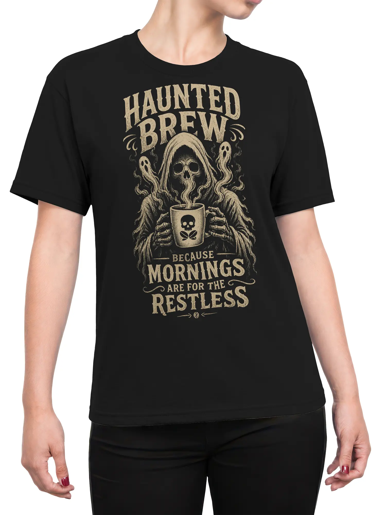 Female torso wearing a black haunted brew T-shirt with a grim reaper, ghosts, skull mug, and vintage cream print
