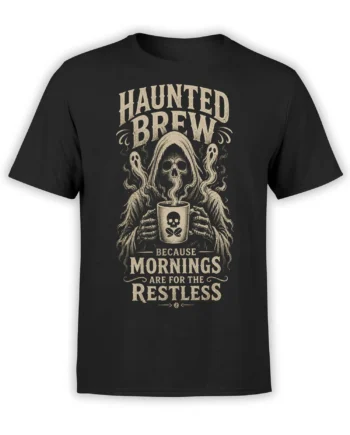 Black T-shirt with a distressed haunted brew design, grim reaper, ghosts, skull mug, and restless morning lettering