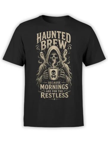 Black T-shirt with a distressed haunted brew design, grim reaper, ghosts, skull mug, and restless morning lettering