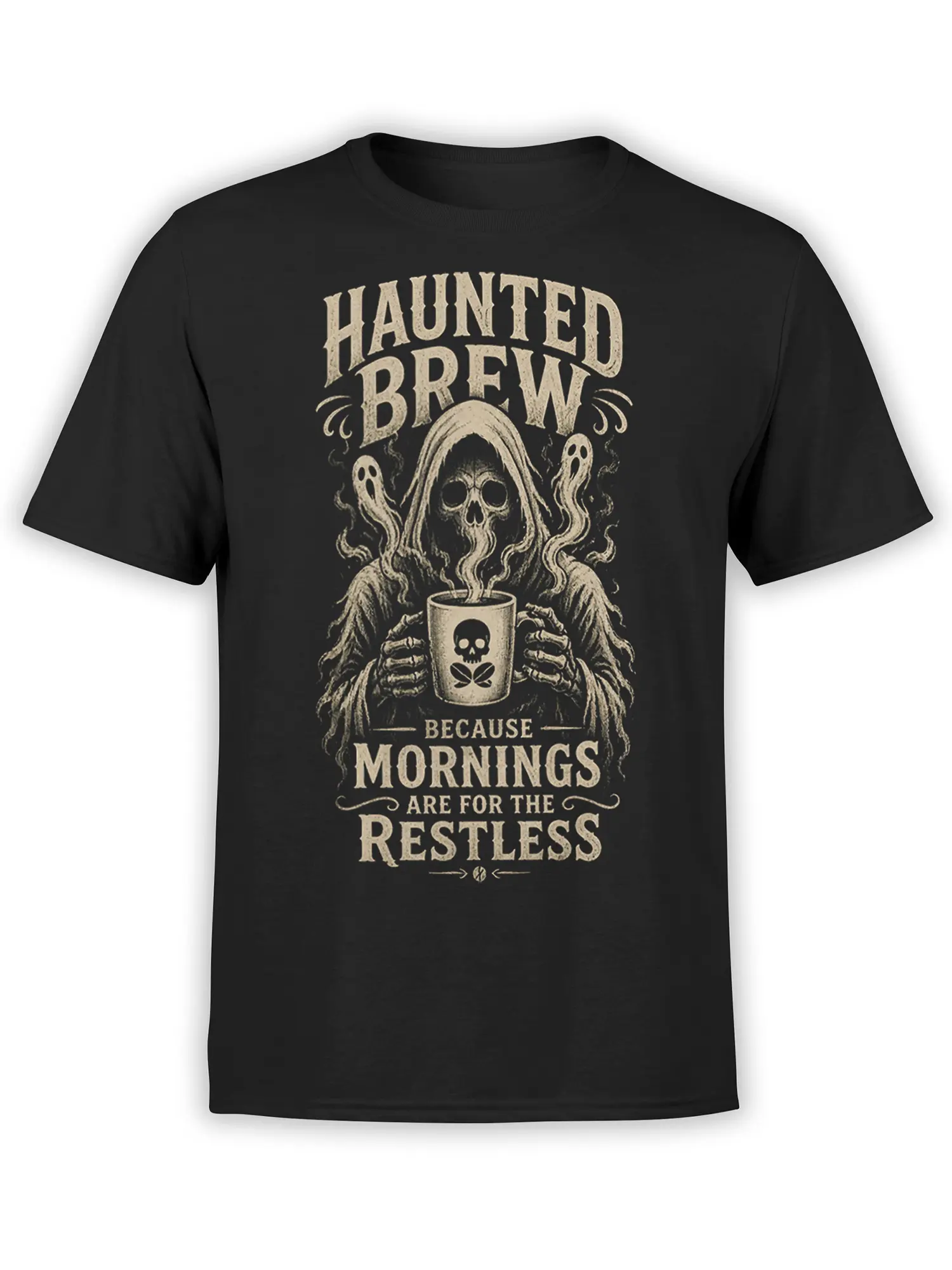 Black T-shirt with a distressed haunted brew design, grim reaper, ghosts, skull mug, and restless morning lettering