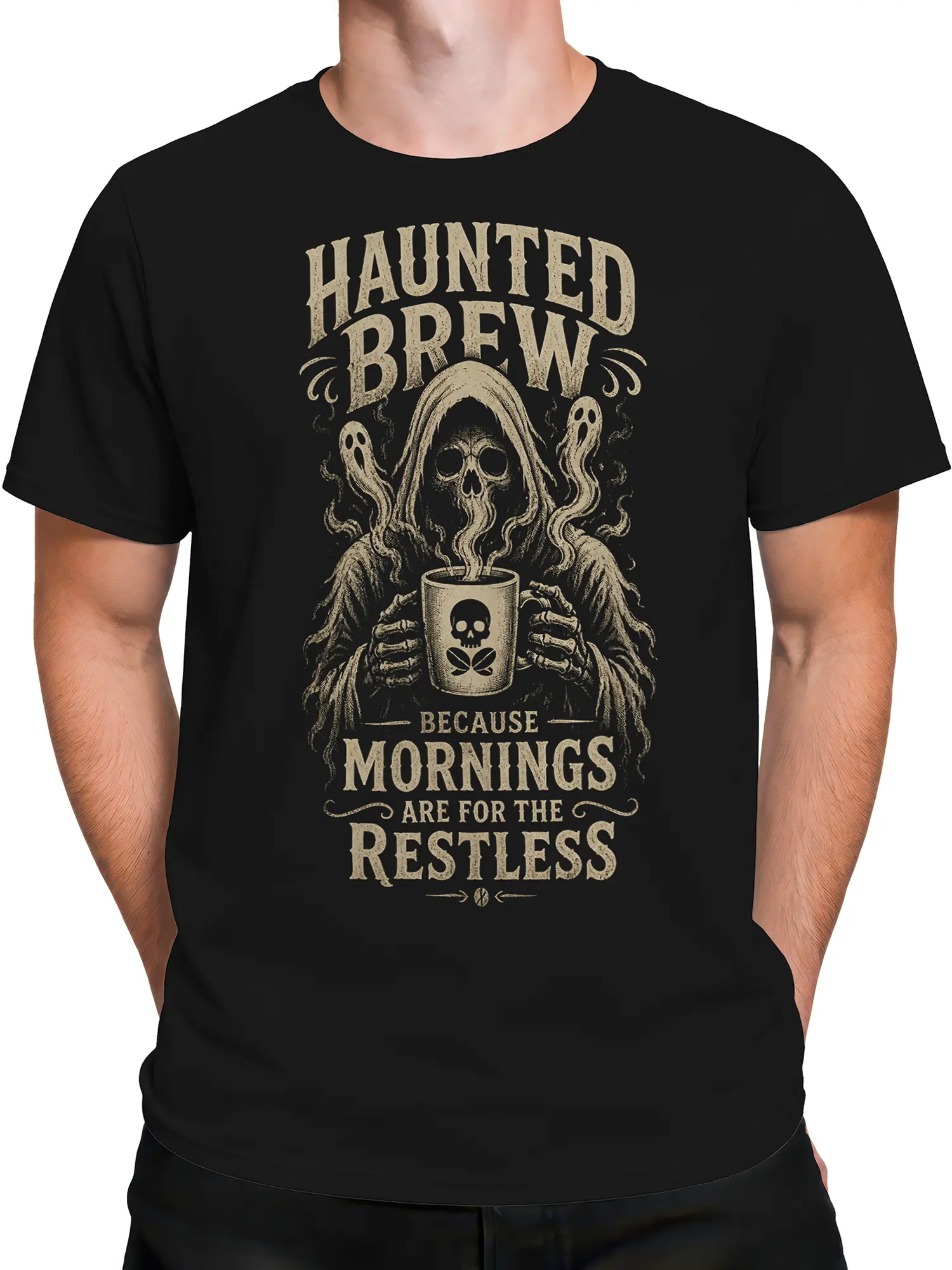 Male torso wearing a black grim reaper coffee T-shirt with ghost details and distressed haunted brew lettering