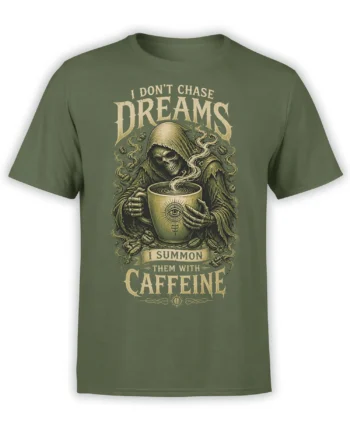 Hooded grim reaper holding a steaming coffee cup on a green caffeine graphic T-shirt