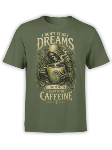 Hooded grim reaper holding a steaming coffee cup on a green caffeine graphic T-shirt