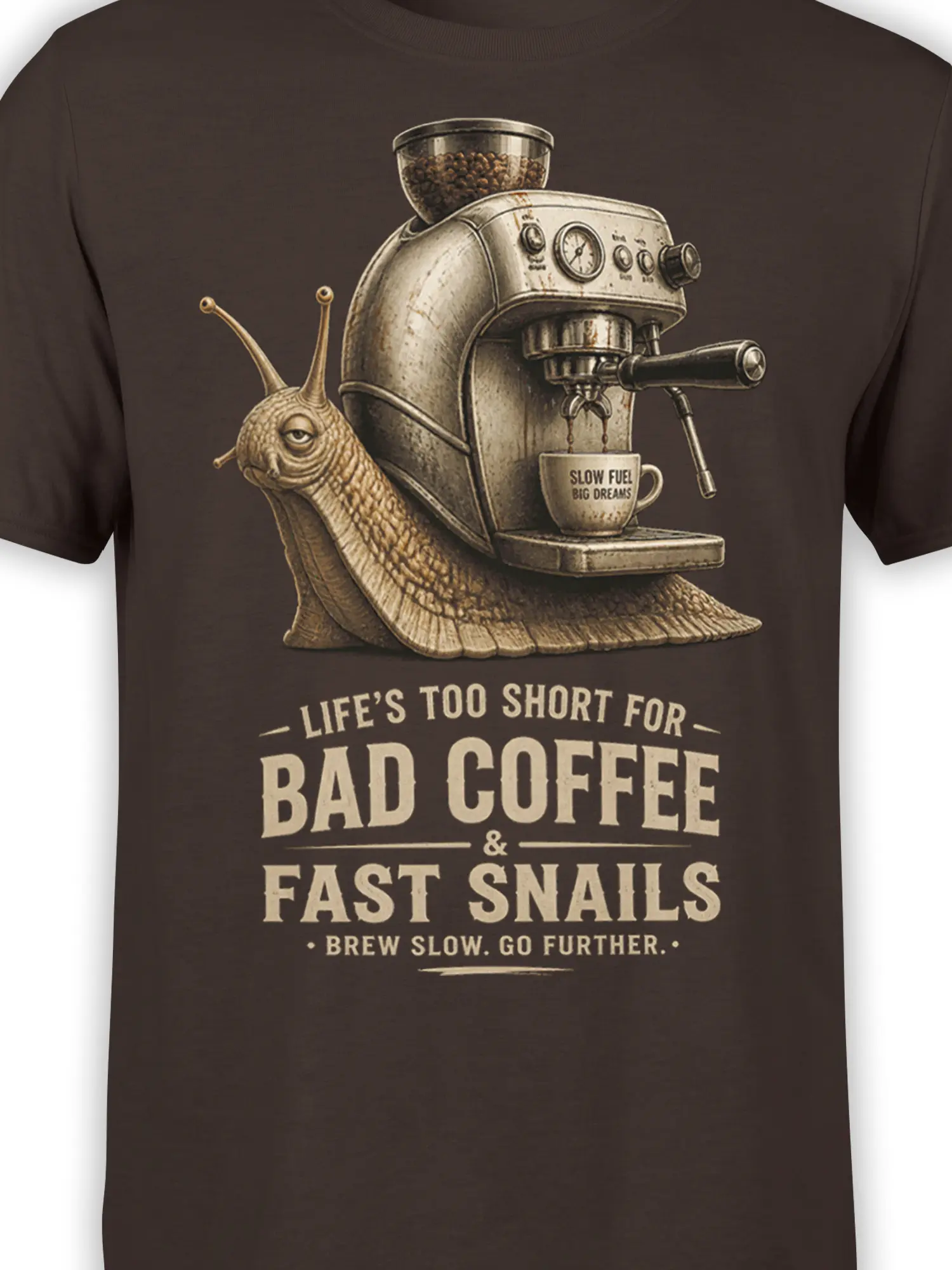 Close-up of the snail espresso machine design and vintage coffee lettering on a brown shirt