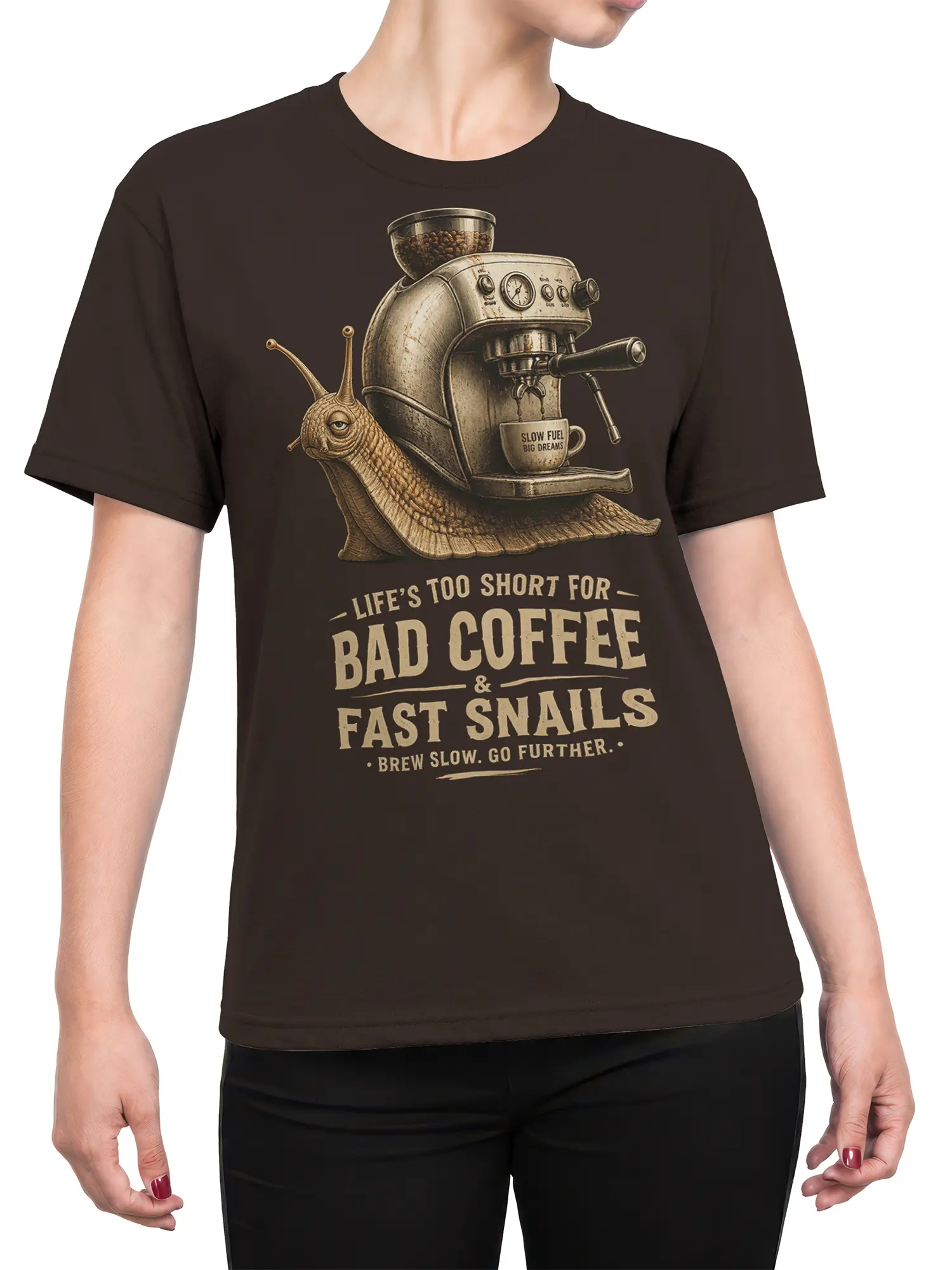 Female torso wearing a brown snail coffee T-shirt with vintage espresso artwork and bold lettering