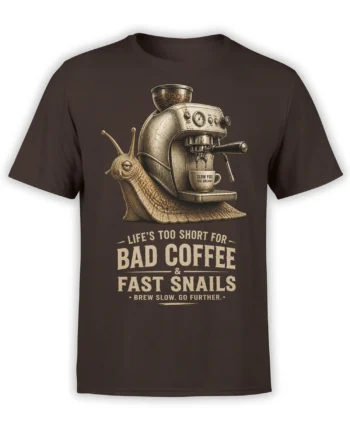 Brown T-shirt with a vintage snail operating an espresso machine and a “Bad Coffee” slogan