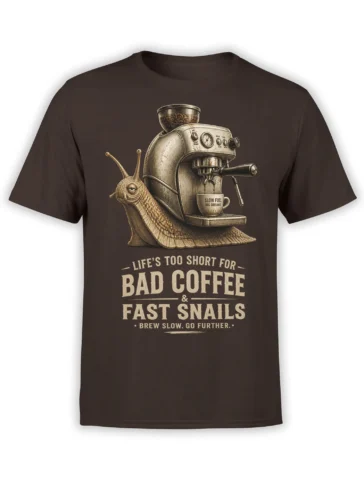 Brown T-shirt with a vintage snail operating an espresso machine and a “Bad Coffee” slogan