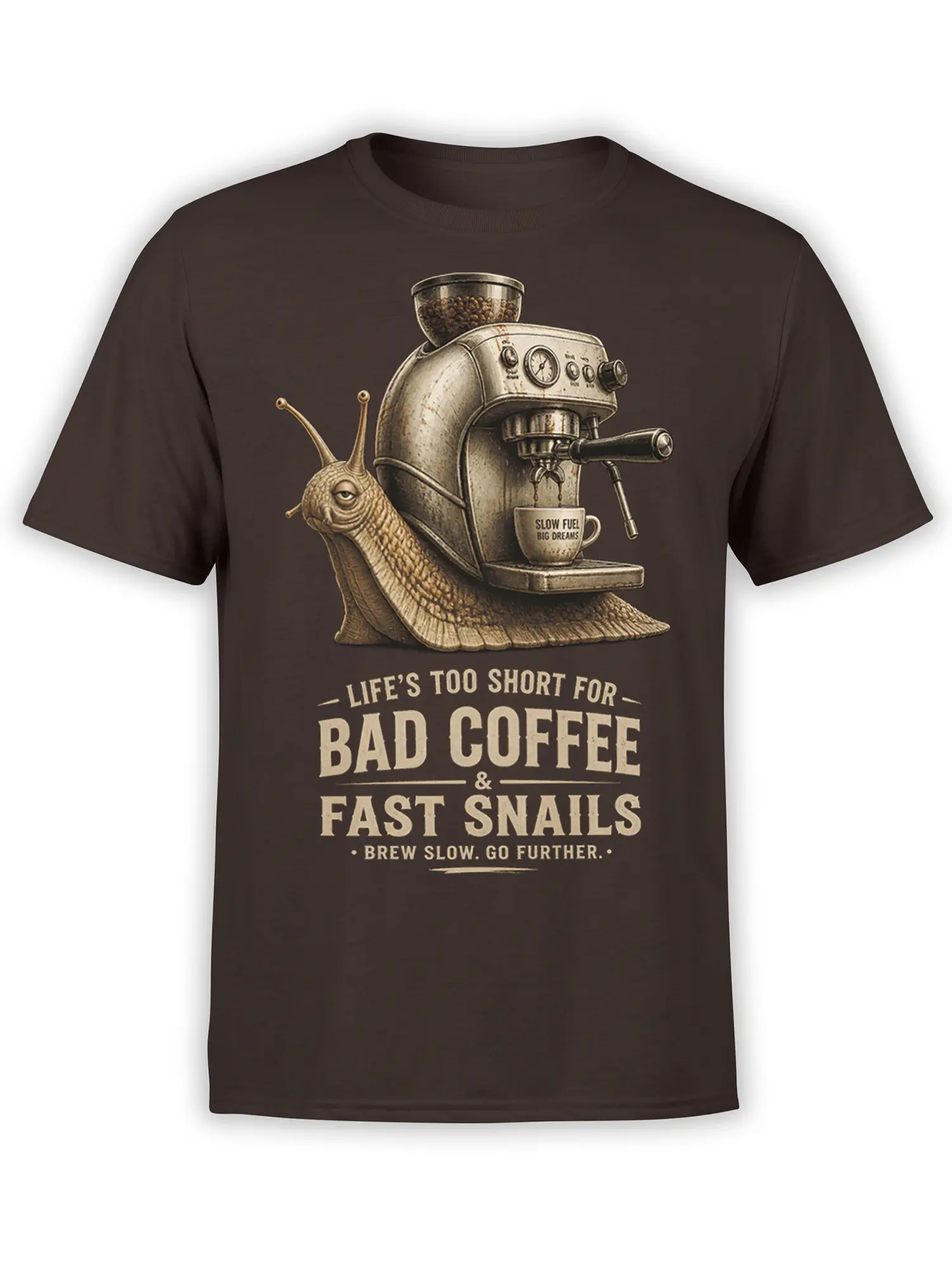 Brown T-shirt with a vintage snail operating an espresso machine and a “Bad Coffee” slogan