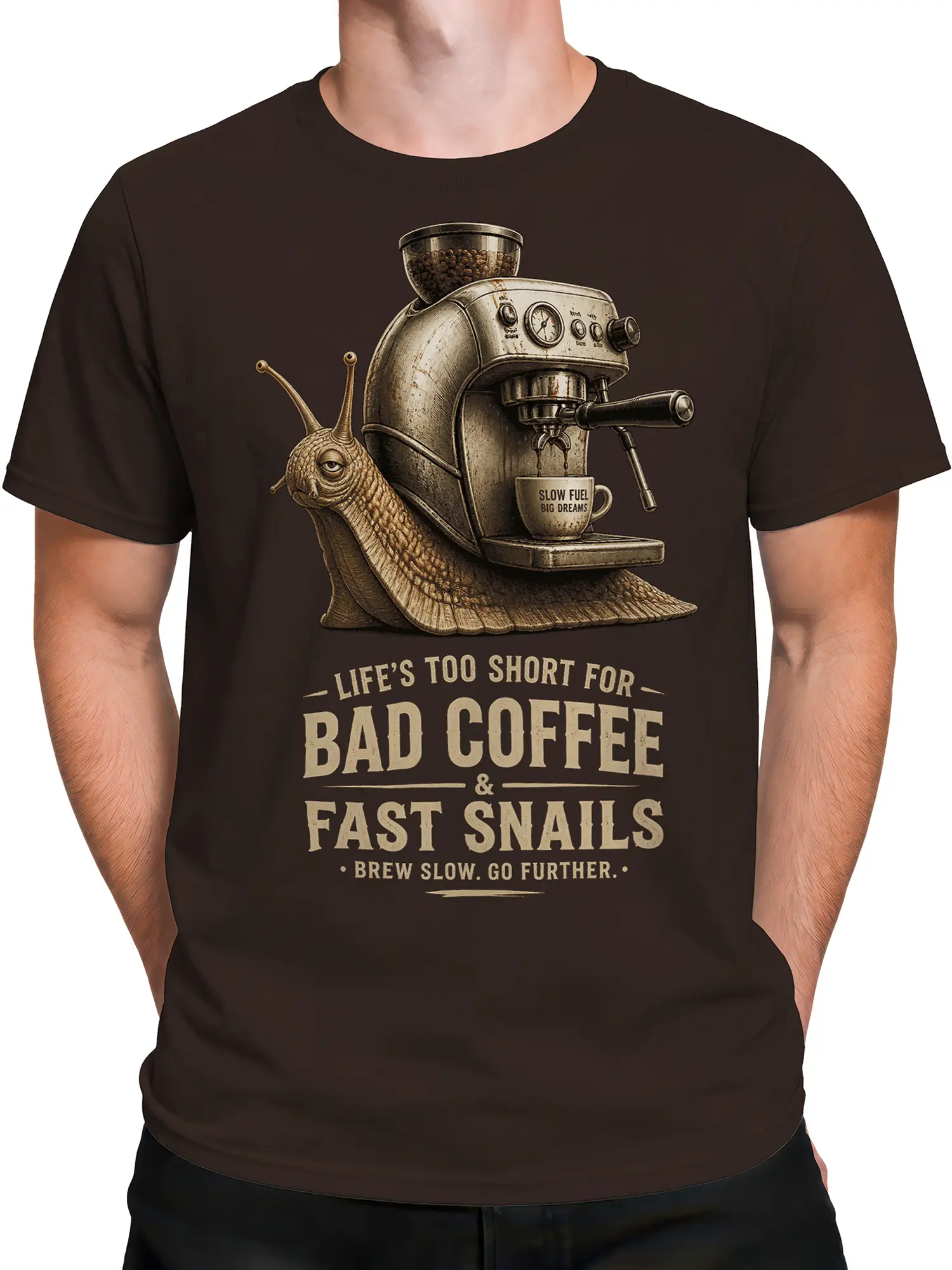 Male torso wearing a brown coffee T-shirt with a vintage snail and espresso machine illustration