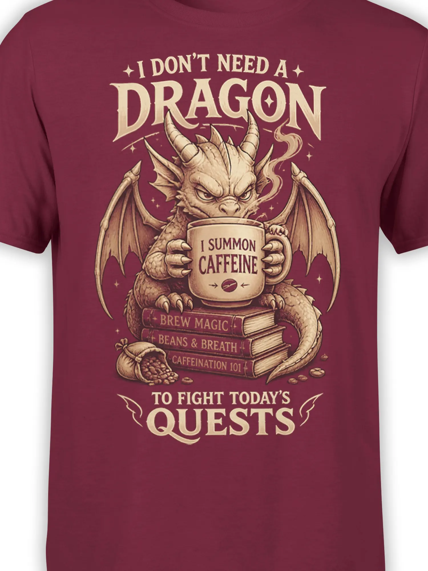 Vintage fantasy dragon drinking coffee from a mug on a burgundy graphic T-shirt