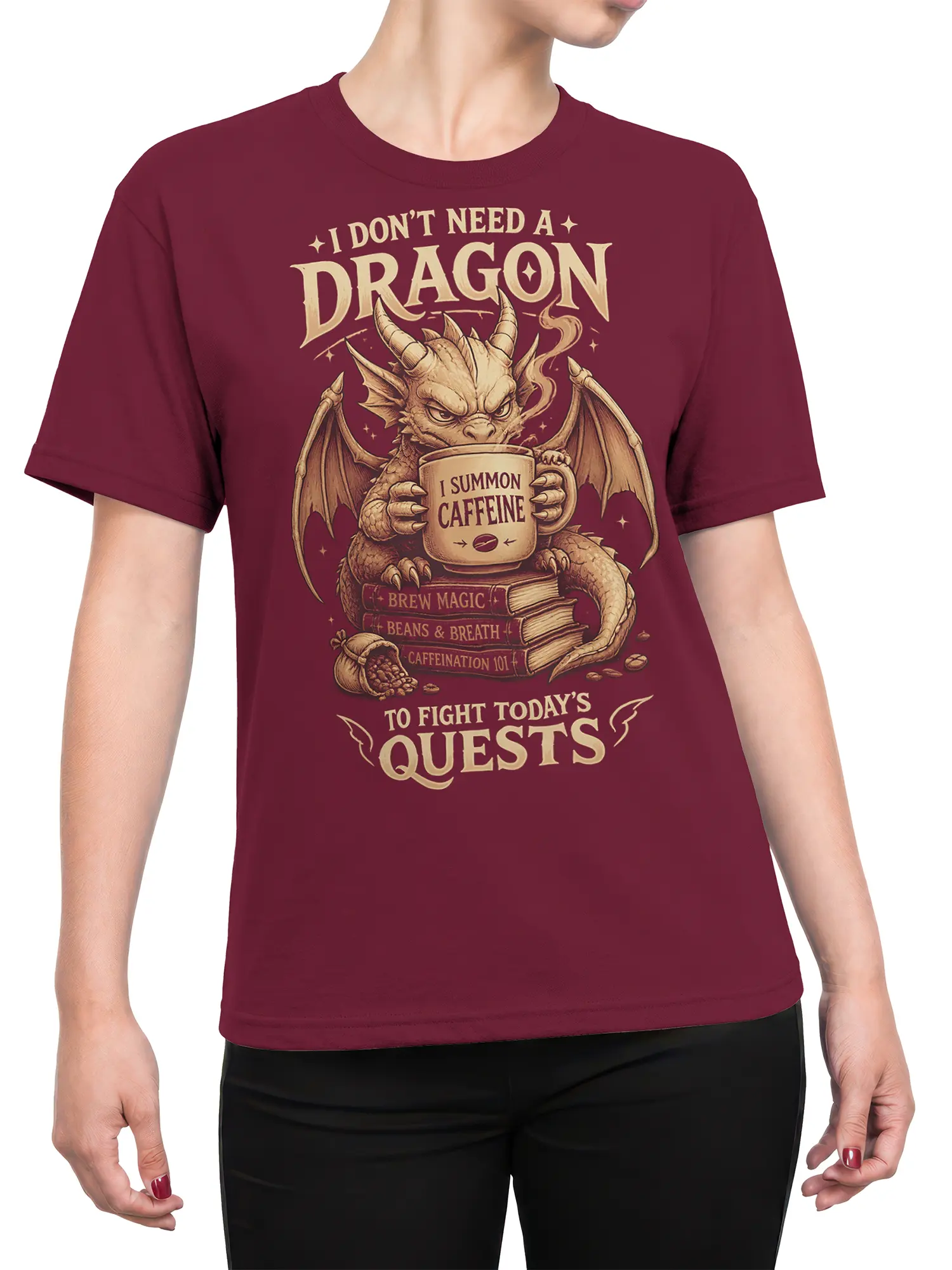 Female torso wearing a burgundy dragon coffee graphic T-shirt with fantasy quest artwork