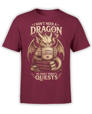 Horned winged dragon holding a coffee mug and fantasy books on a burgundy T-shirt