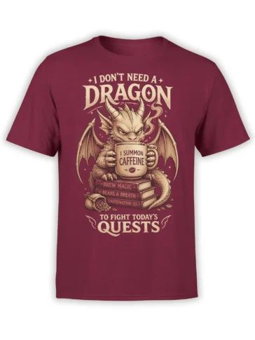 Horned winged dragon holding a coffee mug and fantasy books on a burgundy T-shirt
