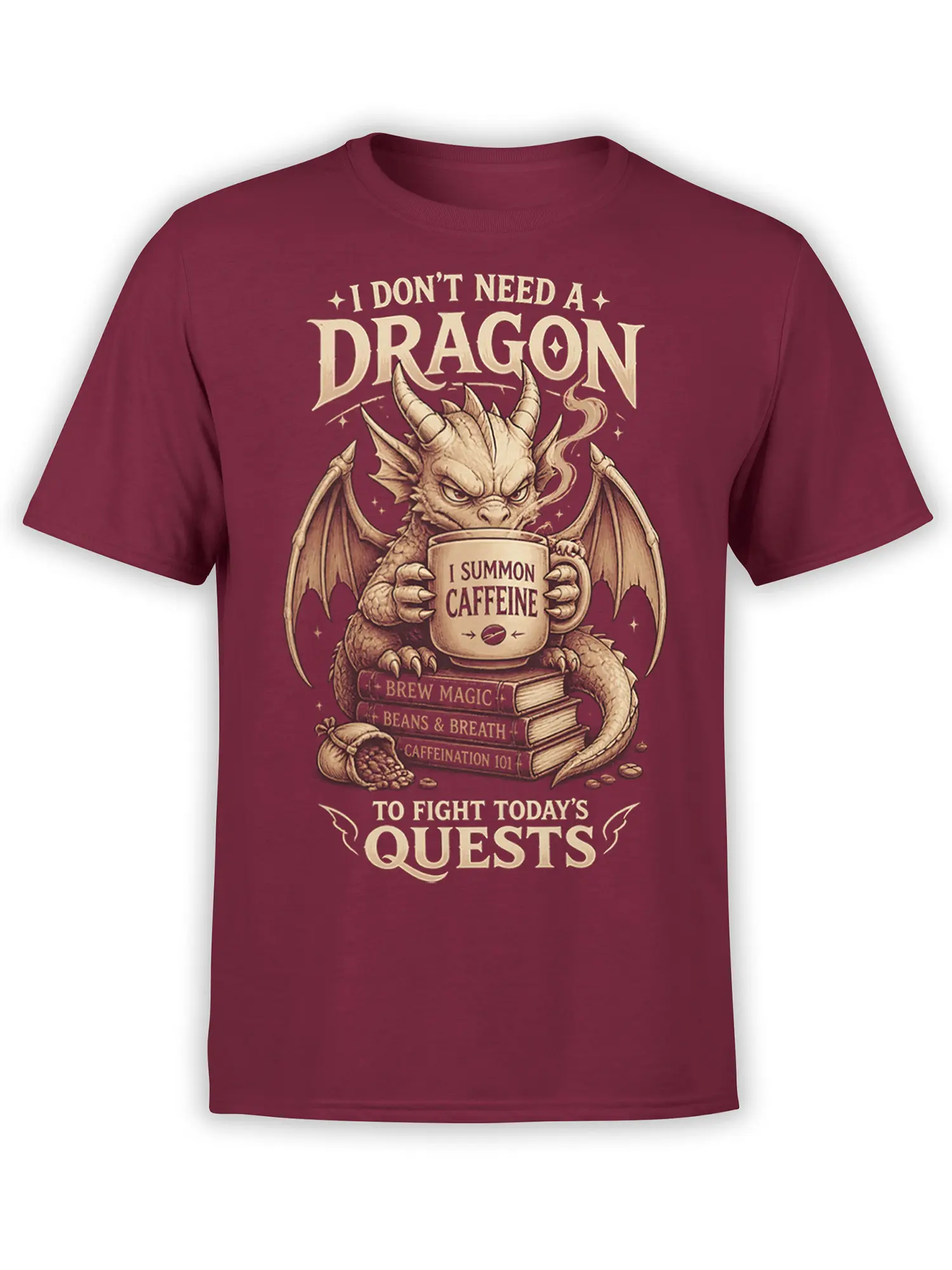 Horned winged dragon holding a coffee mug and fantasy books on a burgundy T-shirt