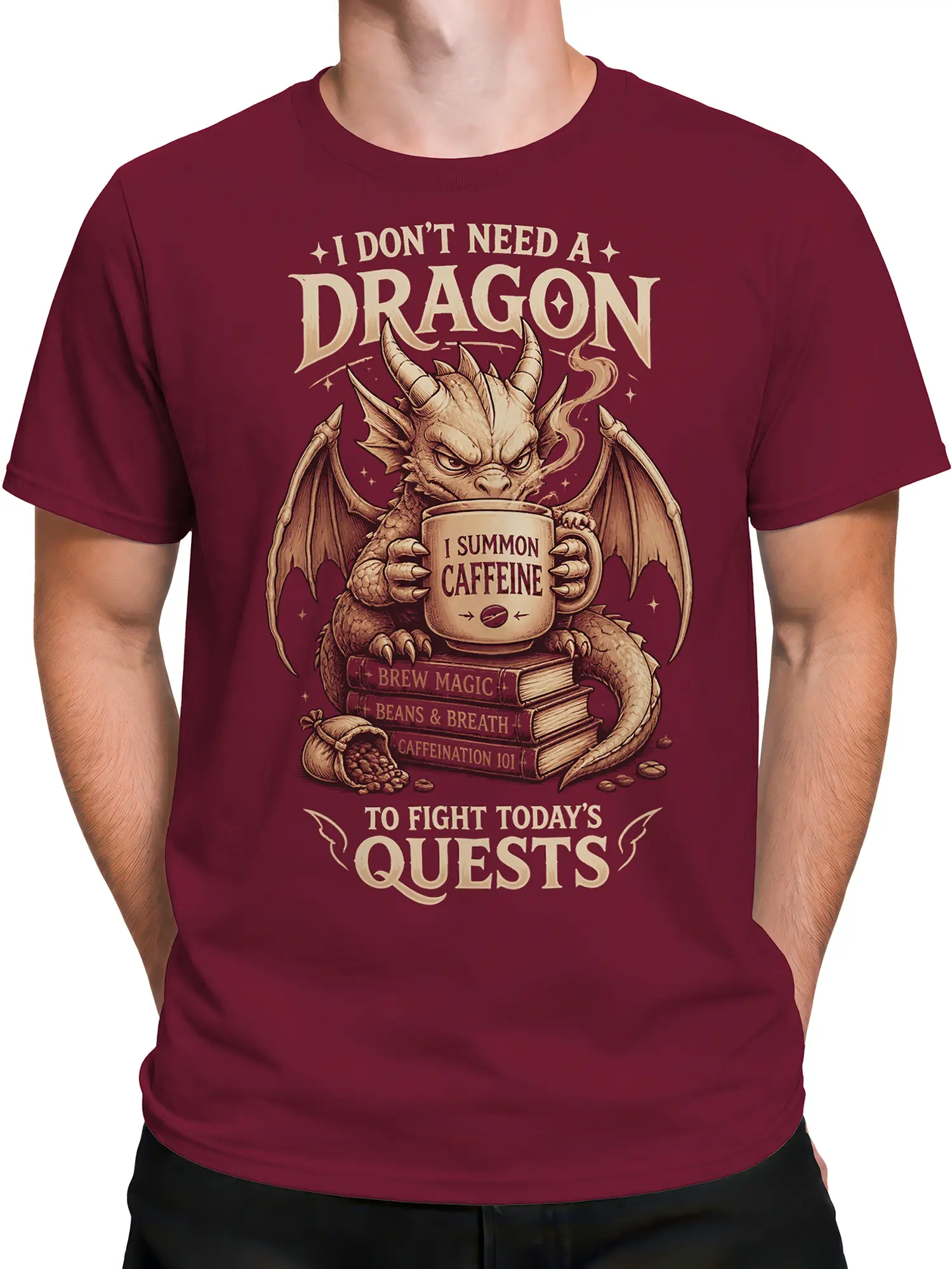 Male torso wearing a burgundy fantasy dragon coffee graphic T-shirt