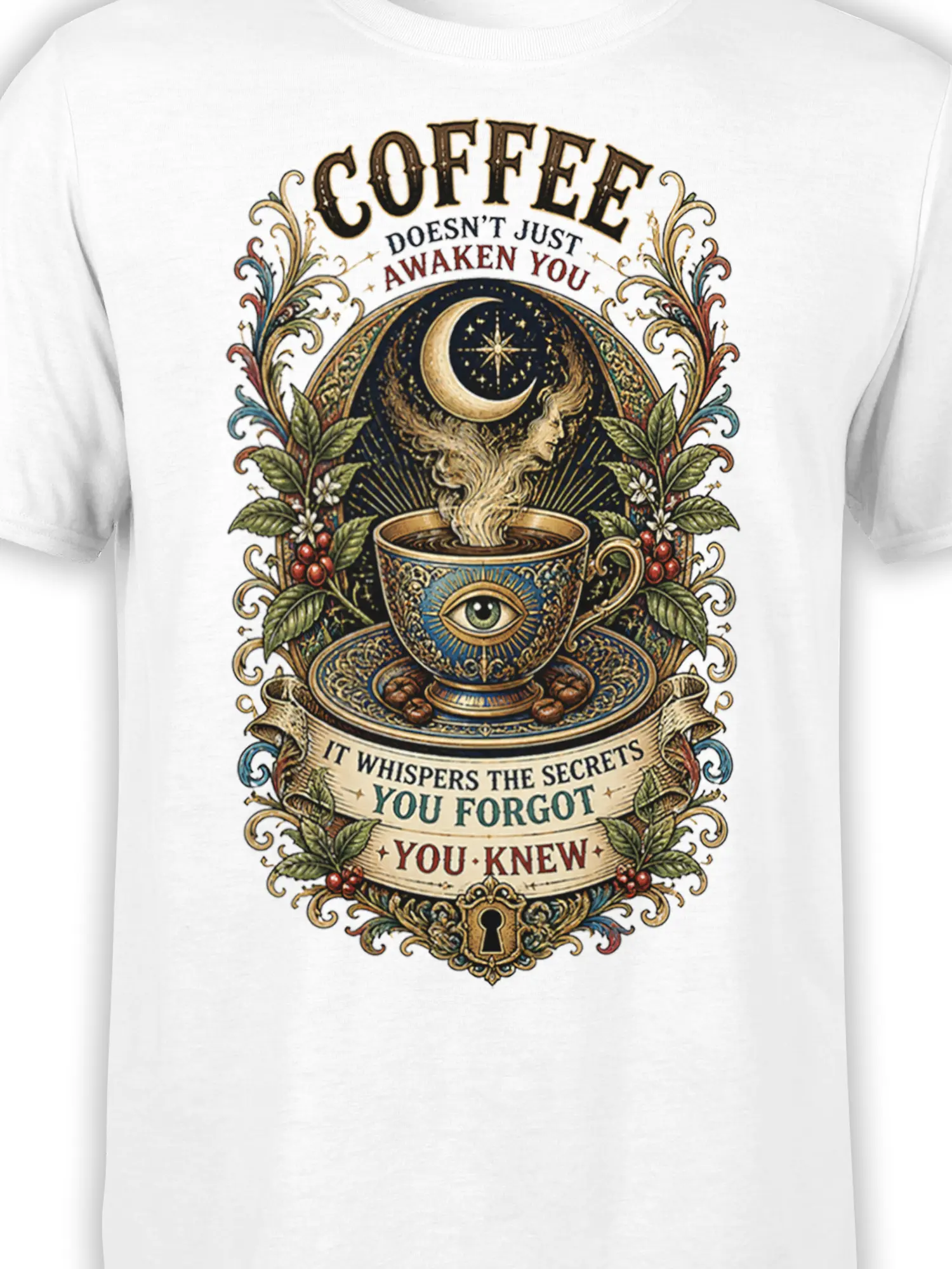 Close-up of white coffee graphic showing an ornate cup, watchful eye, crescent moon, leaves, and vintage lettering